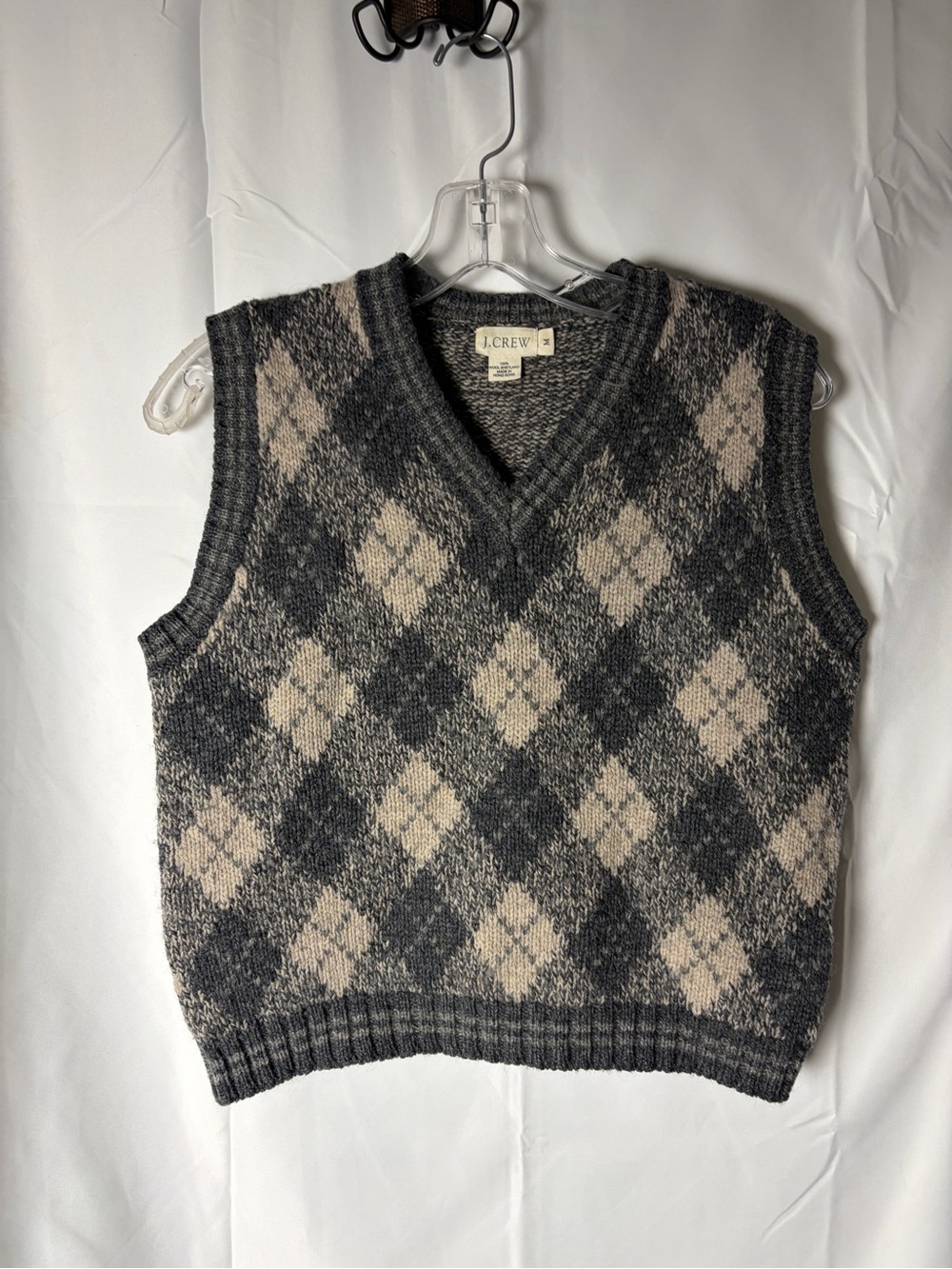 J. Crew Wool Argyle Diamond V-Neck Sweater Vest with Rib Trim; Made in Hong Kong